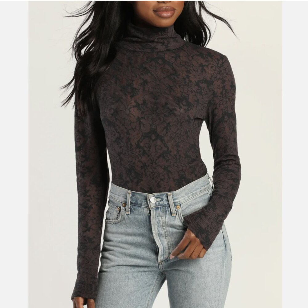 Free People Intimately You and I Brown Long Sleeve Turtleneck Top